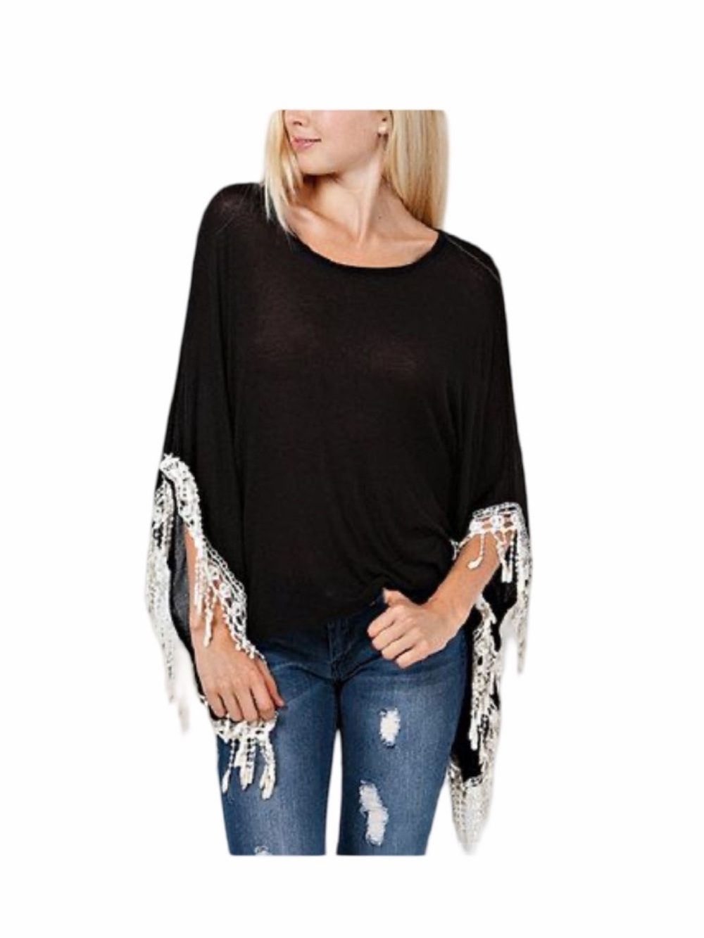 Forever 21 Black Top with White Fringe Trim S NWT